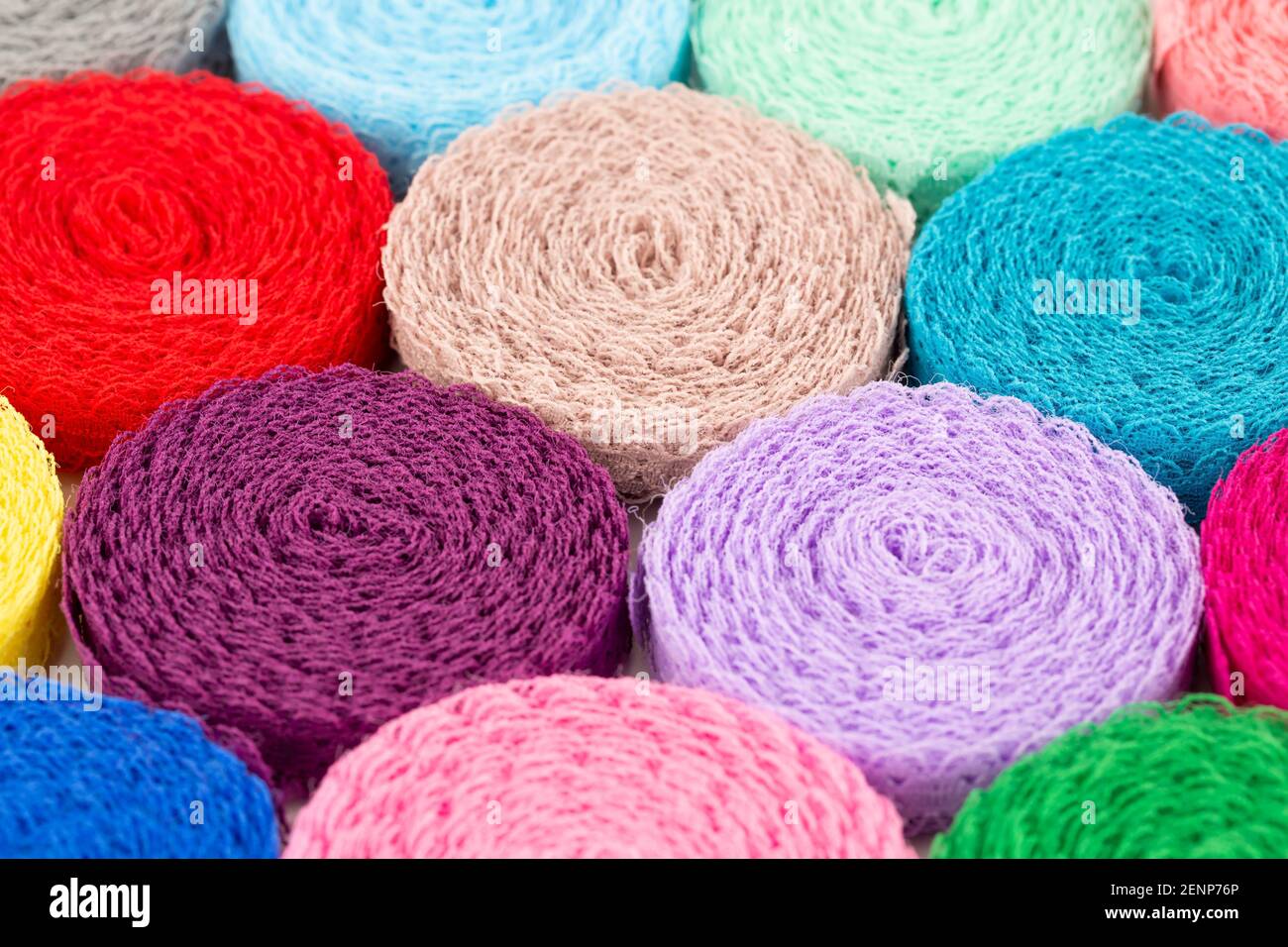 Colorful lace tapes horizontal close up picture. Stock Photo