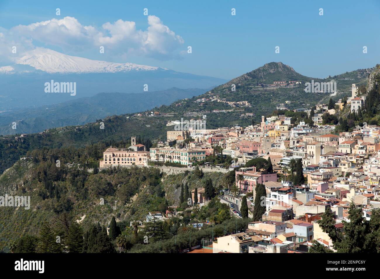 Italy, Sicily, Taormina, a view of the town and Mount Etna Stock Photo