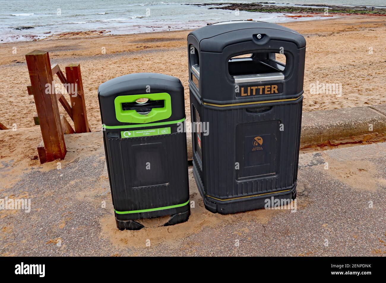 Two public refuse bins on the esplanade at Exmouth in Devon Stock Photo