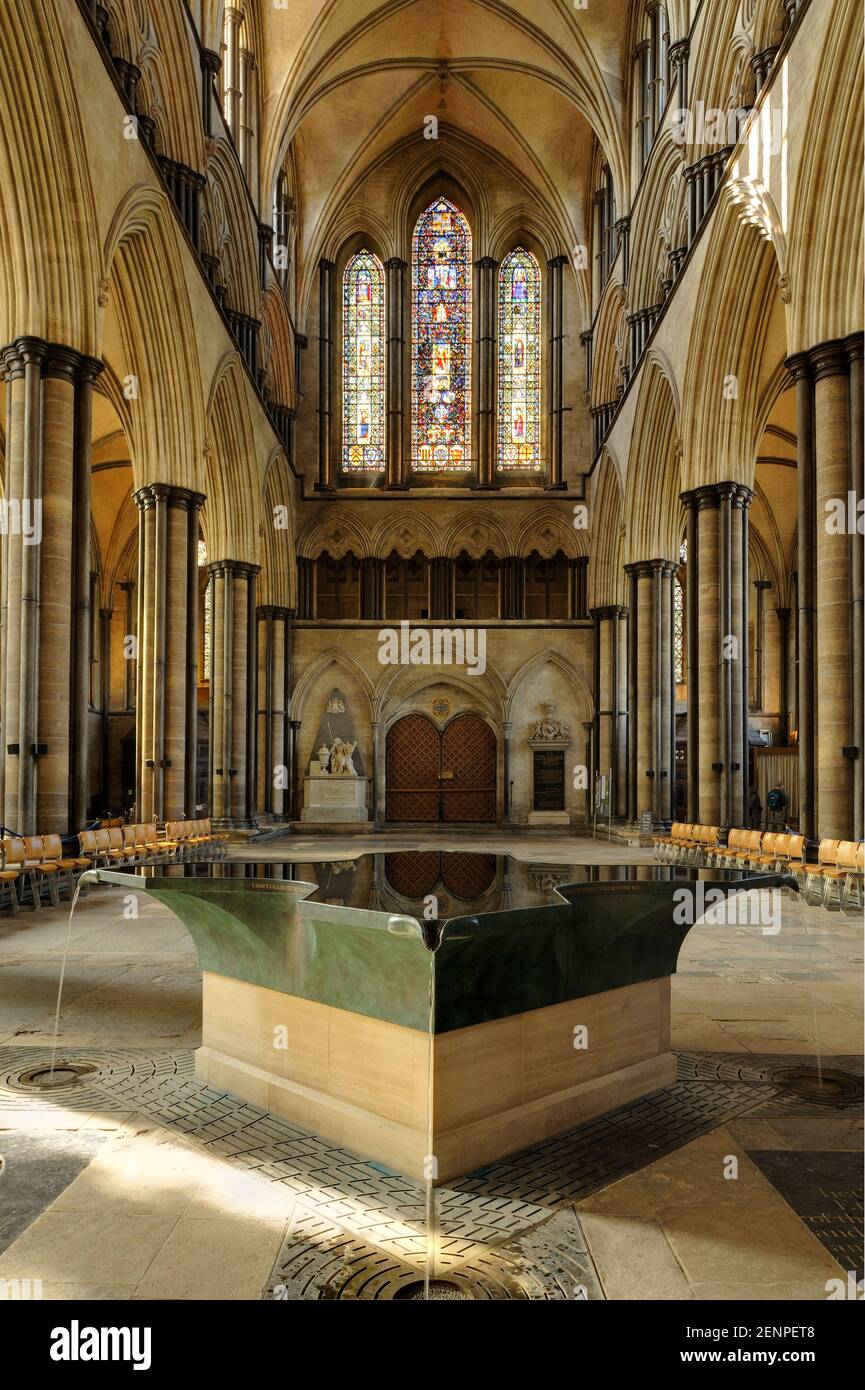 The font, designed by William Pye, in the Nave of Salisbury Cathedral ...