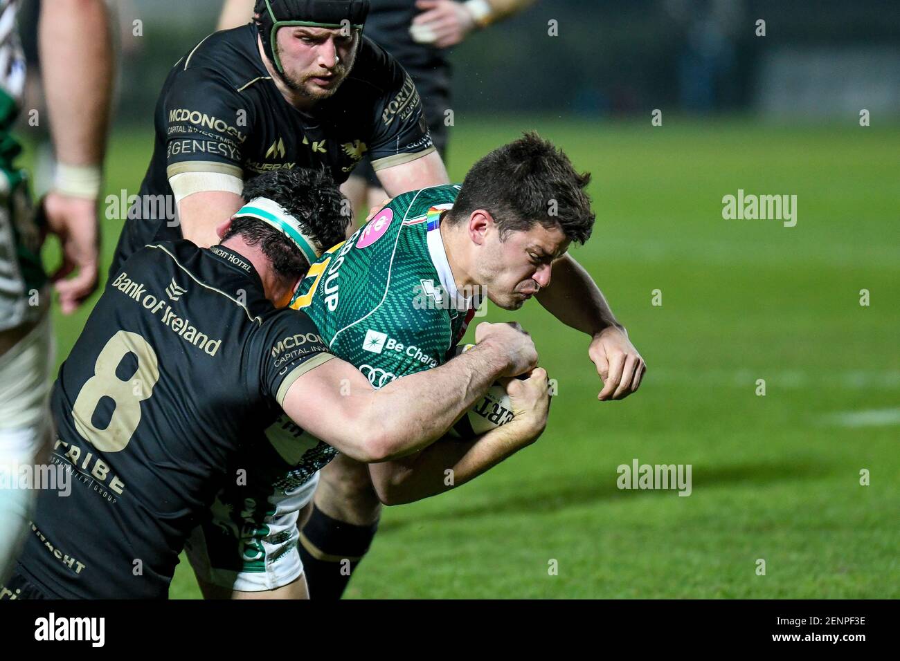 Treviso, Italy. 26th Feb, 2021. Joaquin Riera (Benetton Treviso) tackled by  Paul Boyle (Connacht) during Benetton Treviso vs Connacht Rugby, Rugby  Guinness Pro 14 match in Treviso, Italy, February 26 2021 Credit: