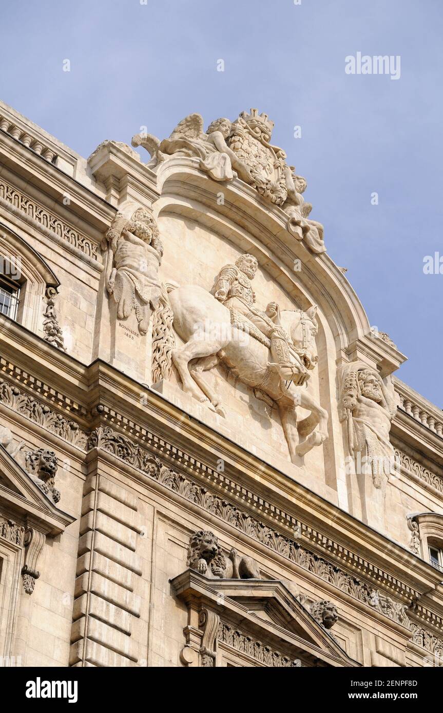 Half-relief of Louis XIV on horseback, Hotel de Ville, Place des Terreaux Stock Photo