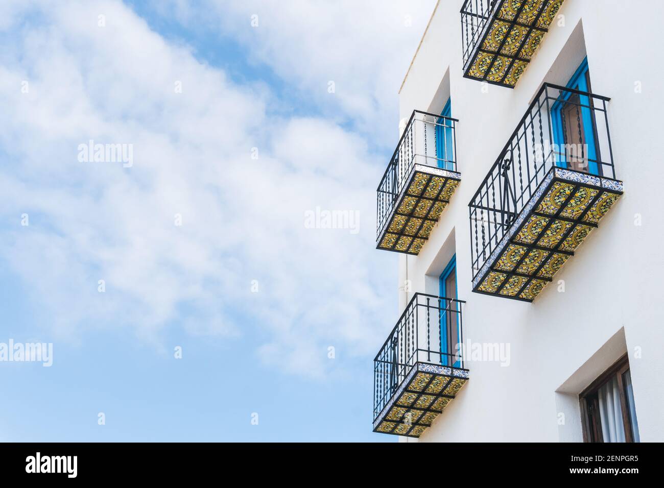 View of the pretty balconies in the old town of Peñíscola, Castellón Stock Photo