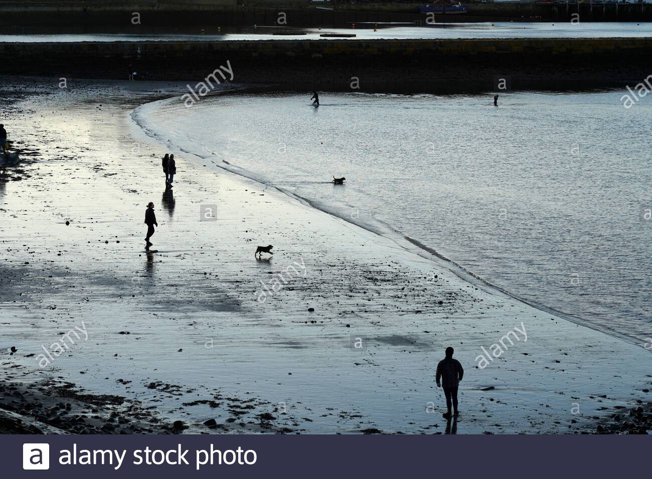 Edinburgh, Scotland, UK. 26th Feb 2021. People silhouetted at Granton harbour and Wardie Bay on a cold and sunny late afternoon.  Credit: Craig Brown/Alamy Live News Stock Photo
