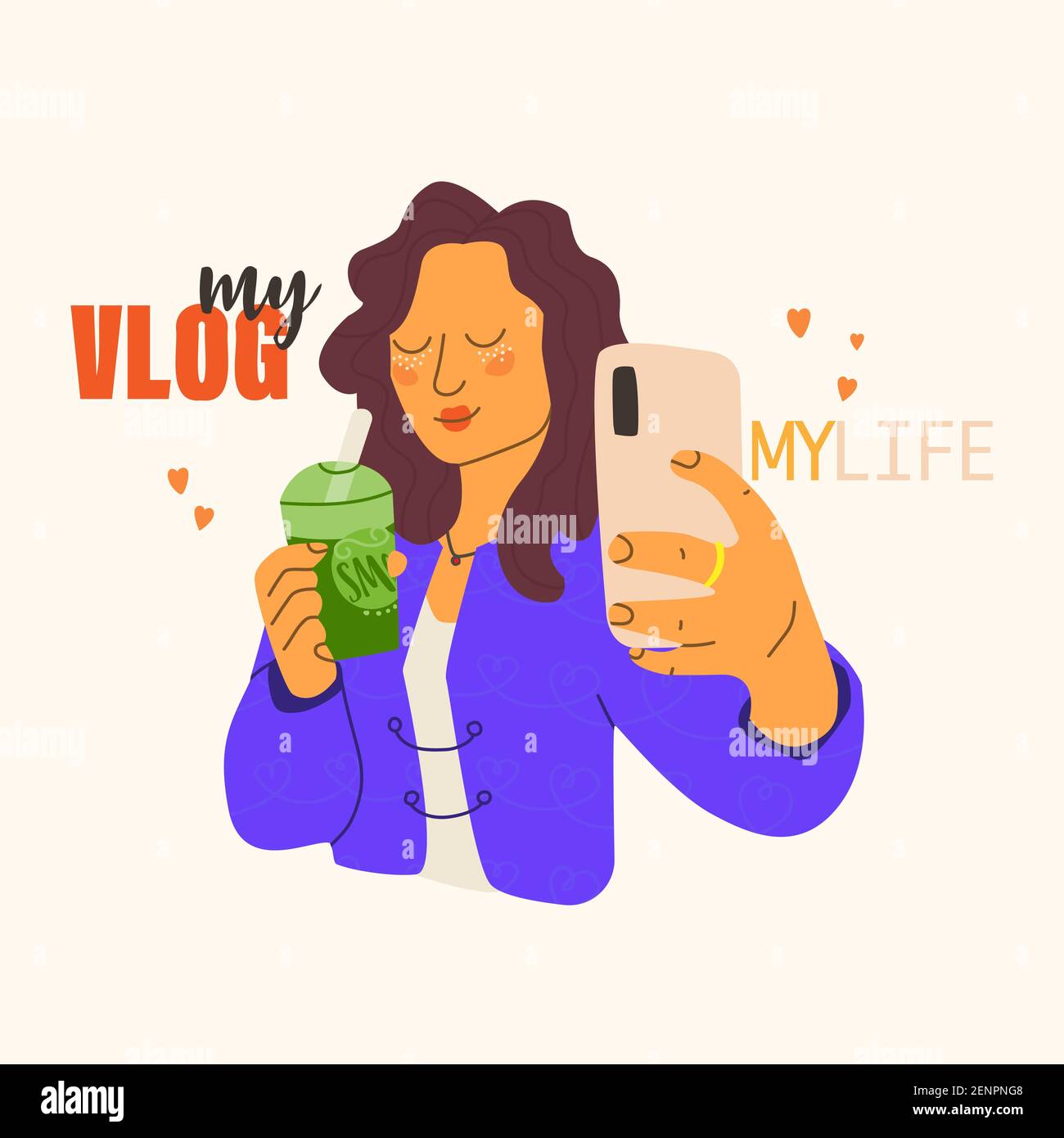 Cute girl blogger takes a selfie. Young woman making content for her vlog. Vector flat illustration. Stock Vector