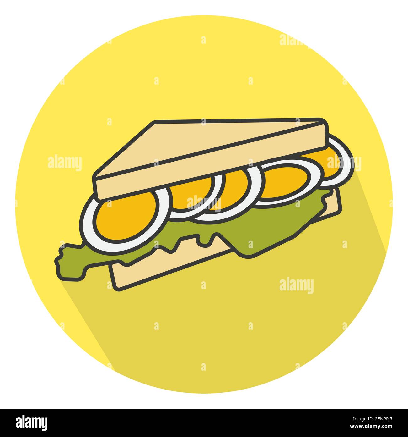 Flat Vector Color Icon An Egg Sandwich On A Round Yellow Background