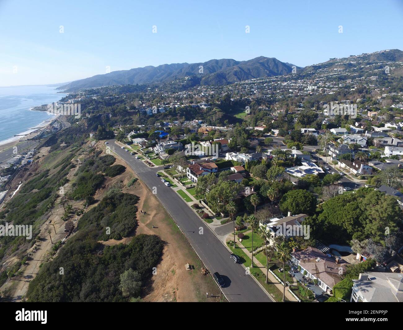 Aerial view the Pacific Palisades in Los Angeles, California Stock