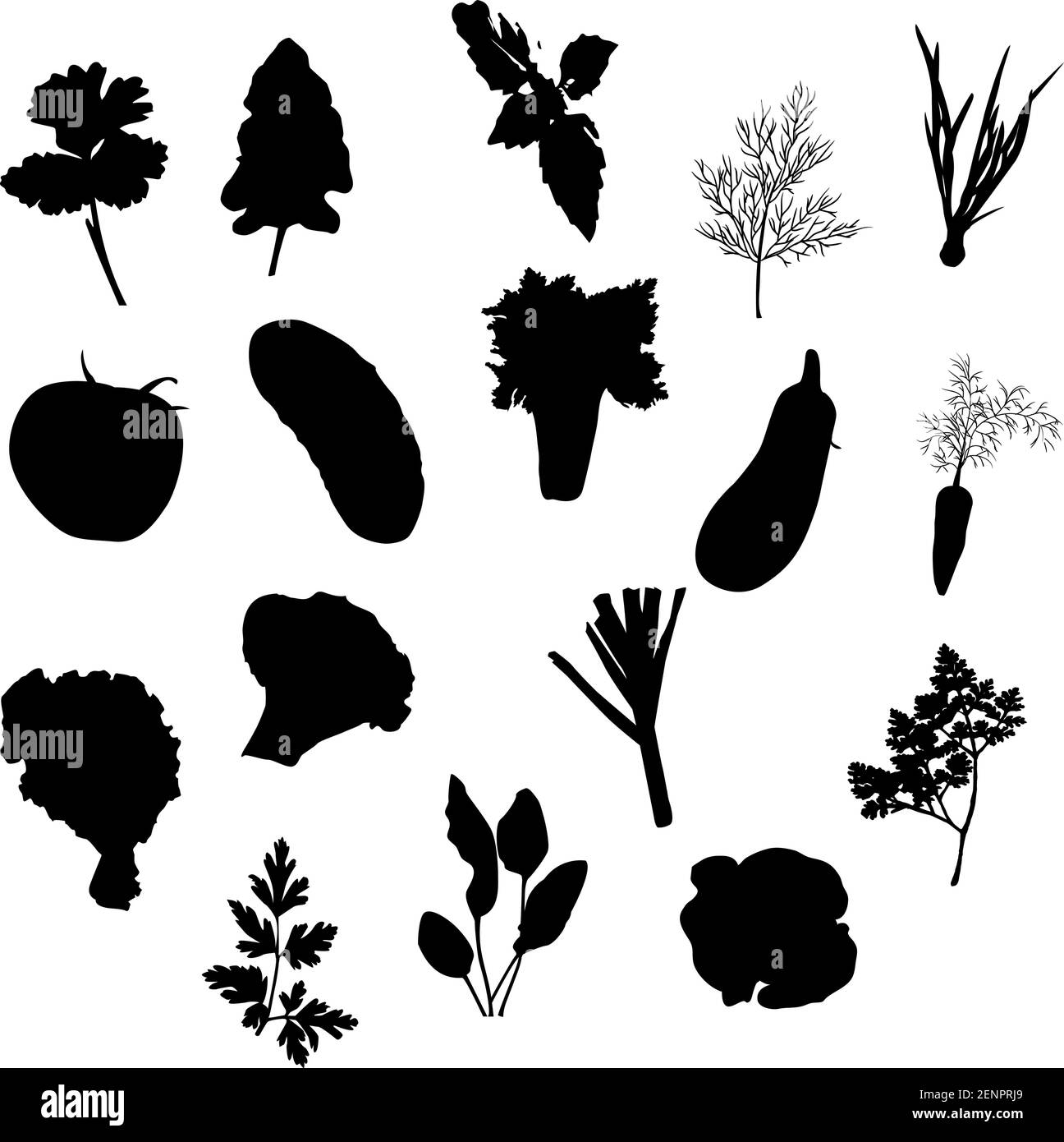 Vector vegetables icons set black silhouette isolated on a white background. Stock Vector