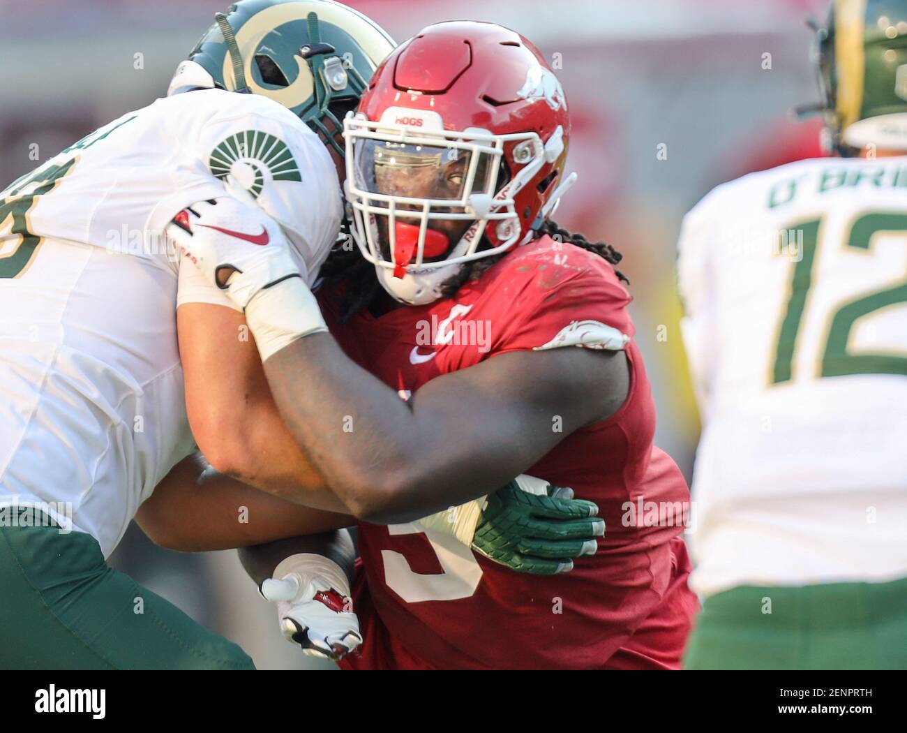 November 2, 2019: McTelvin Agim #3 Arkansas defensive lineman comes up the  field on the rush. Mississippi State defeated Arkansas 54-24 in  Fayetteville, AR, Richey Miller/(Photo by Richey Miller/CSM/Sipa USA Stock  Photo 