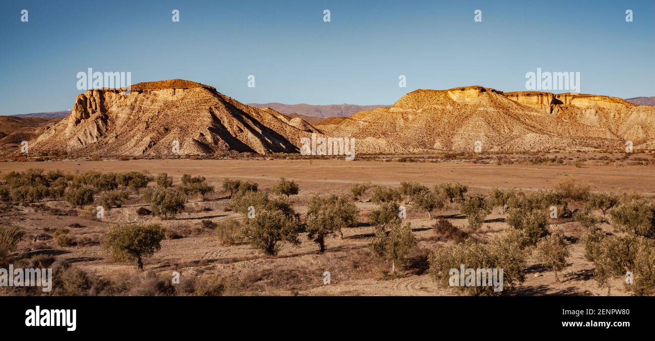 Wide landscape of the Tabernas desert Almeria Spain Nature Adventure Travel Europa Stock Photo