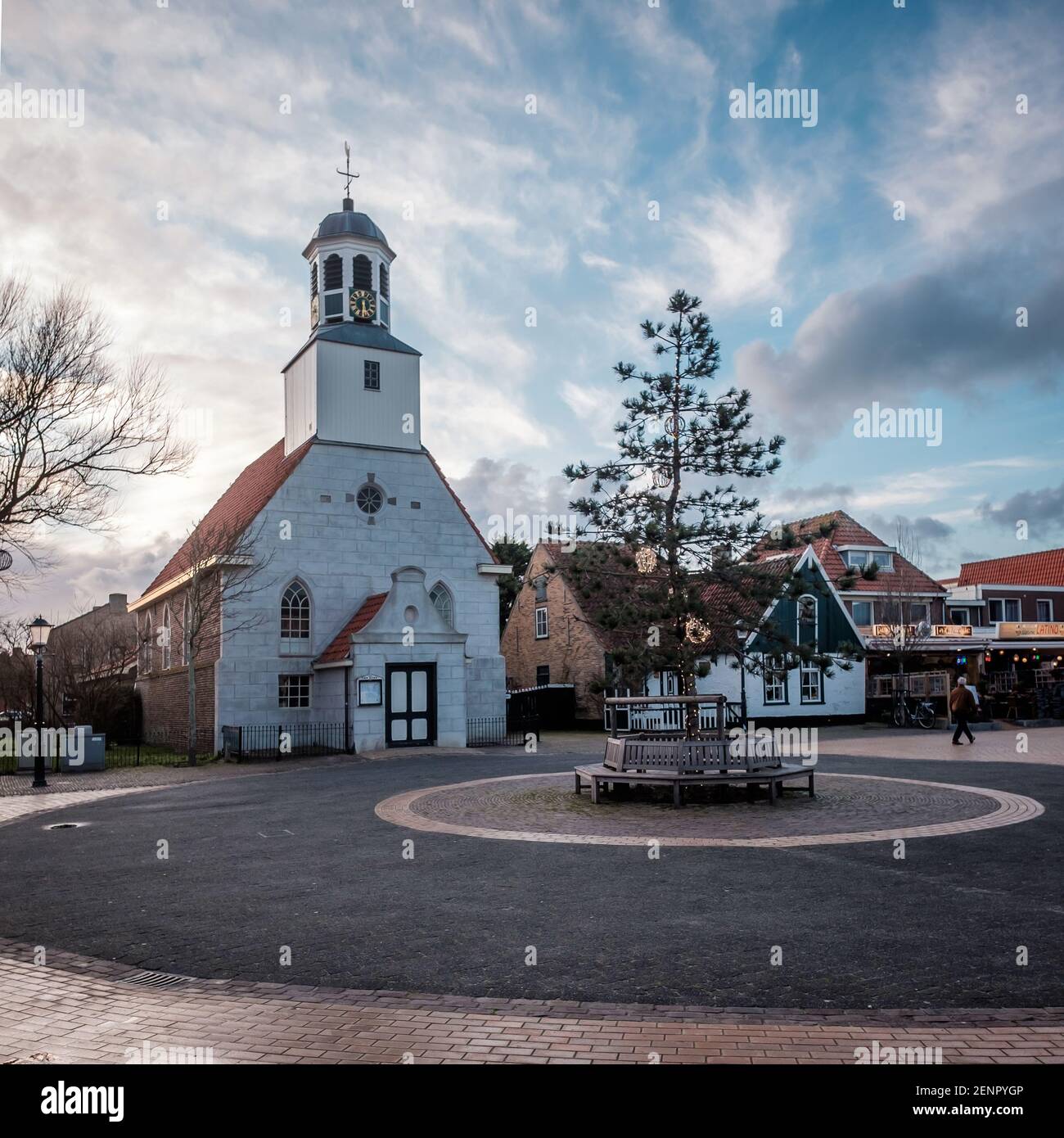 View on the church of the  tourist village of De Koog, located on the island of Texel. Stock Photo