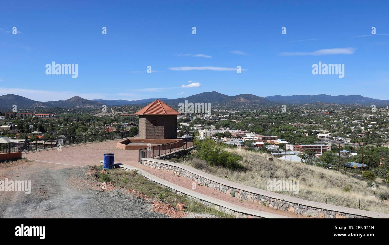 La Capilla (The Little Chapel) on Hill in Silver City with Gila National Forest and the Silver City Mountain Range in background Stock Photo