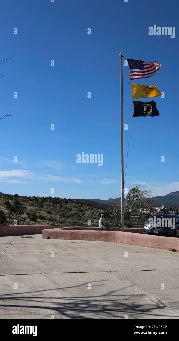 Flagpole atop La Capilla (The Little Chapel) Hill in Silver City, New Mexico. Stock Photo