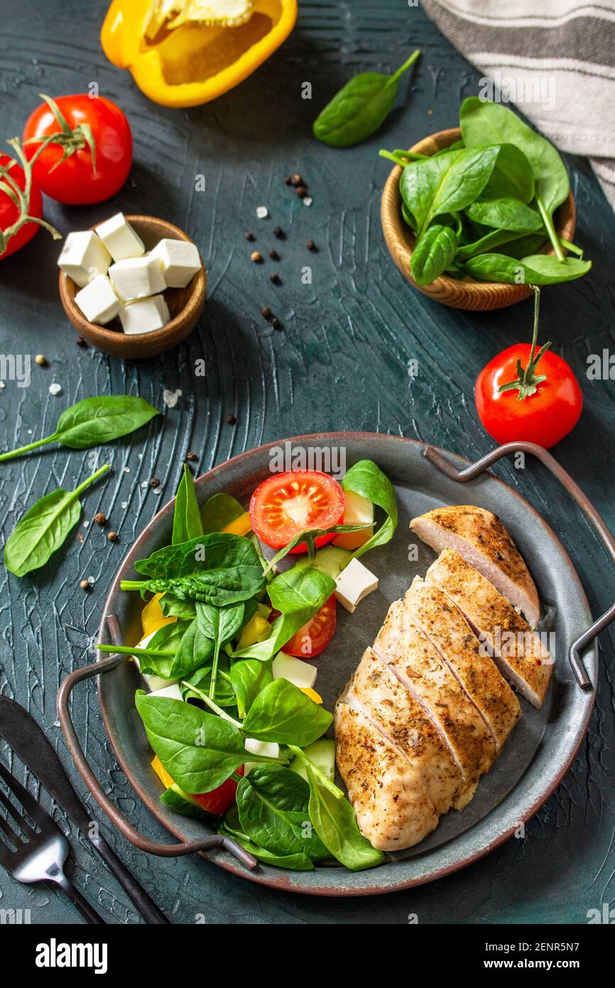 Healthy food. Ketogenic diet lunch. Grilled chicken fillet with fresh