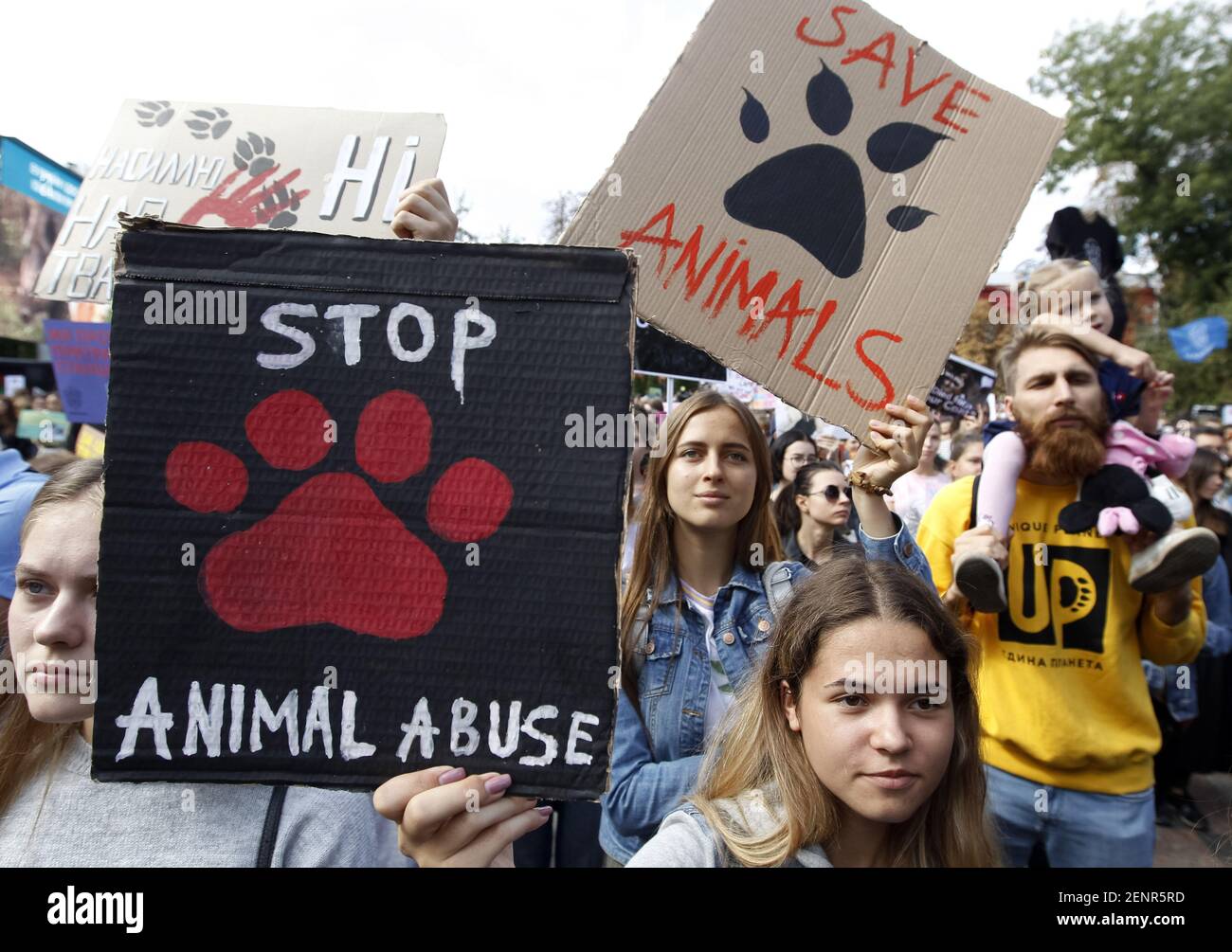 Marchforanimals Placard saying, Stop animal abuse, during the march. 'All-Ukrainian ...