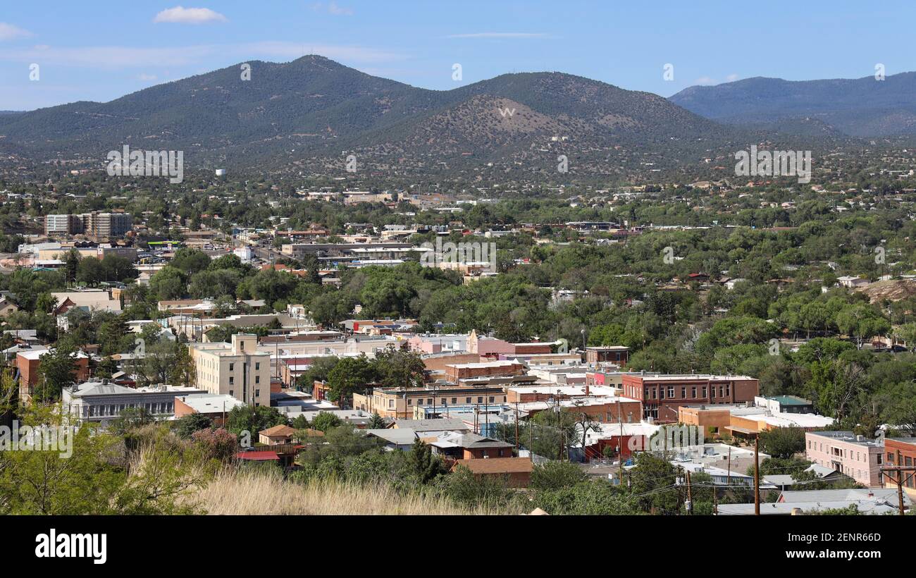 View from La Capilla (The Little Chapel) Hill in Silver City with Gila National Forest and the Silver City Mountain Range in the distance. Stock Photo