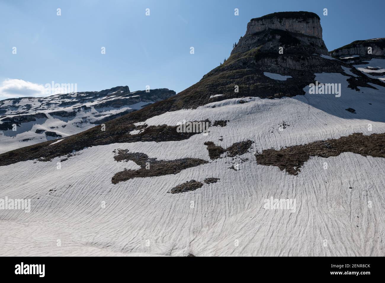 Early spring up on Loser mountain with melting snow and rock formations  on a sunny day, Altaussee, Loser, Salzkammergut, Austria Stock Photo