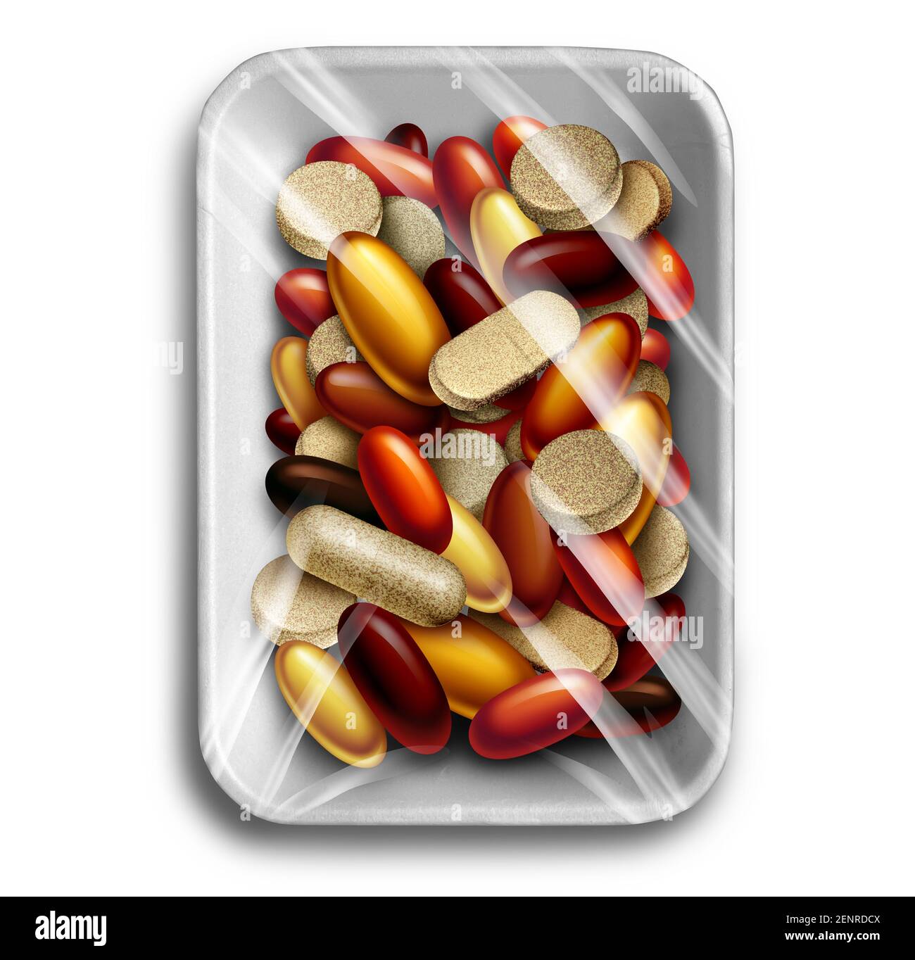 Health supplements and vitamin food supplement as a wrapped polystyrene tray with a group of capsule and pills as a natural nutrient medicine. Stock Photo