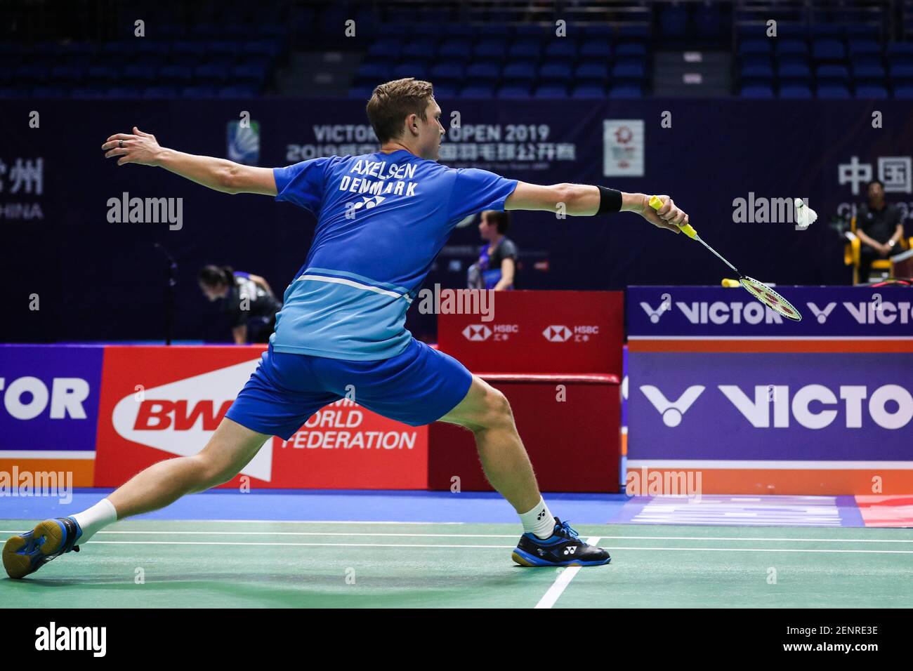 Danish professional badminton player Viktor Axelsen competes against  Japanese professional badminton player Kanta Tsuneyama at the first round  of VICTOR China Open 2019, in Changzhou city, east China's Jiangsu  province, 17 September