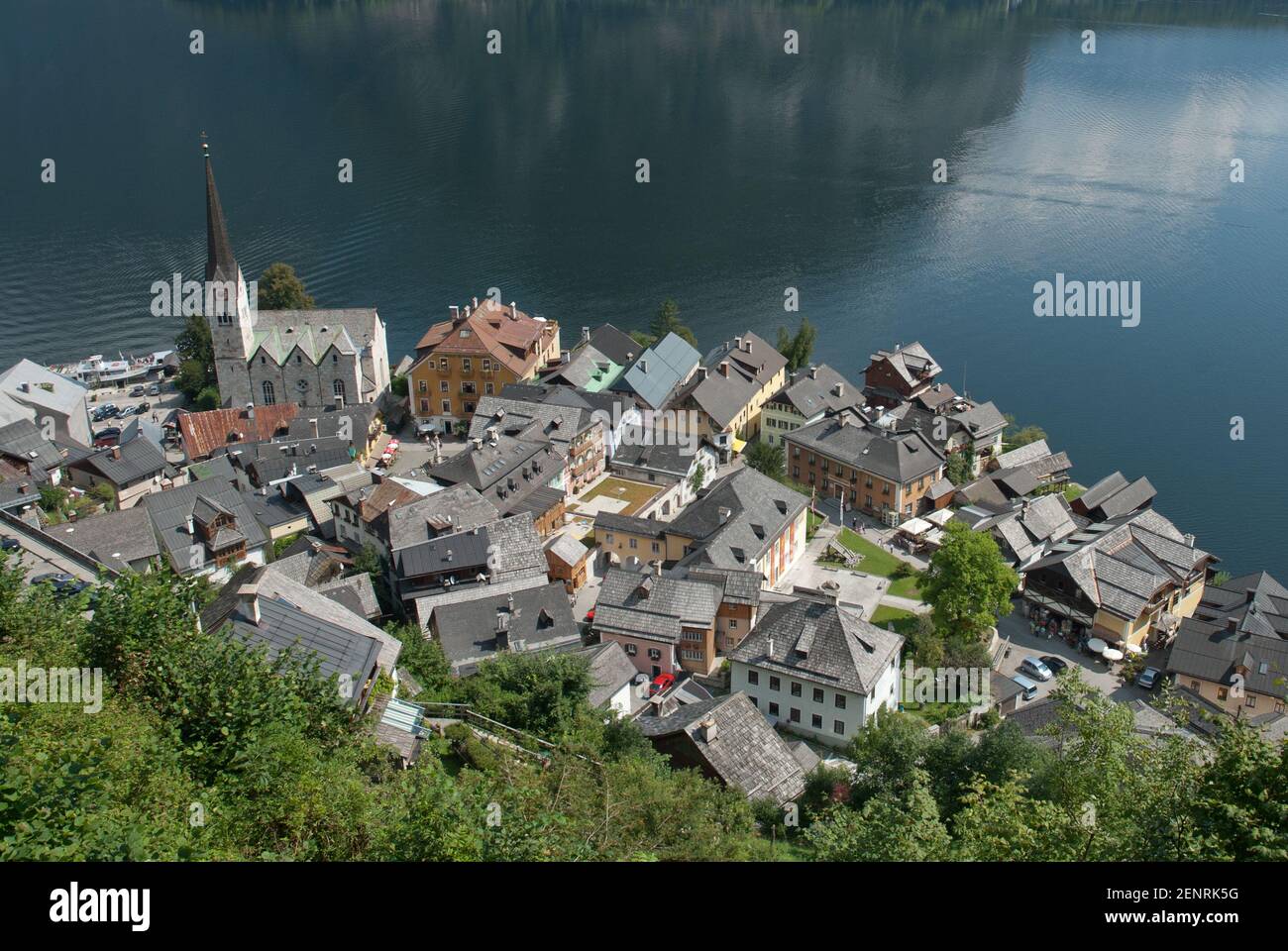 view over the roofs of Hallstatt village from above, Hallstatt, Austria Stock Photo