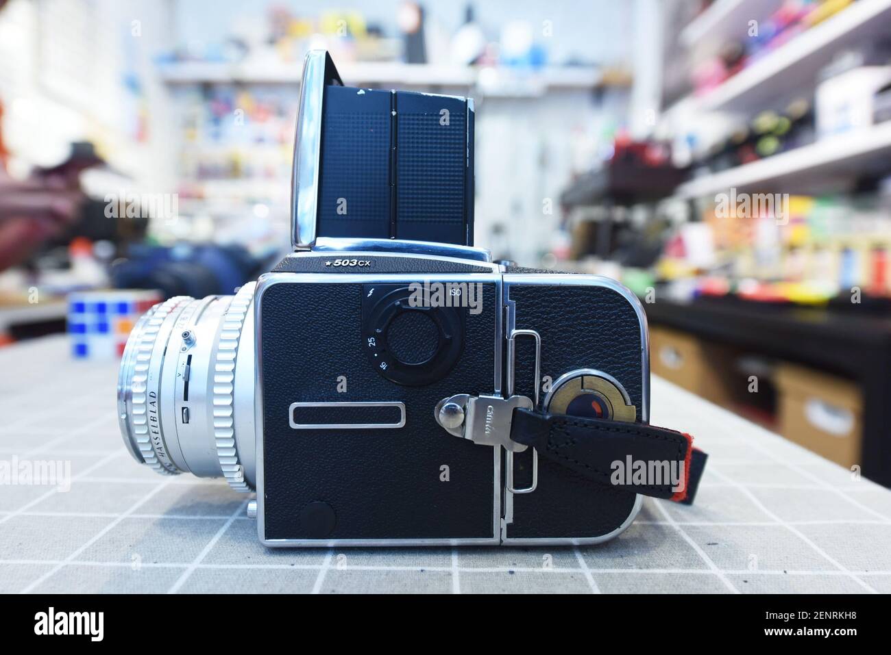 Zhejiang,CHINA-A Hasselblad 503CX medium format film camera is taken at a  second-hand polaroid camera store in Hangzhou, east China'sZhejiang  province, Sept. 18, 2019. Recently, the video for jay Chou's new song "say