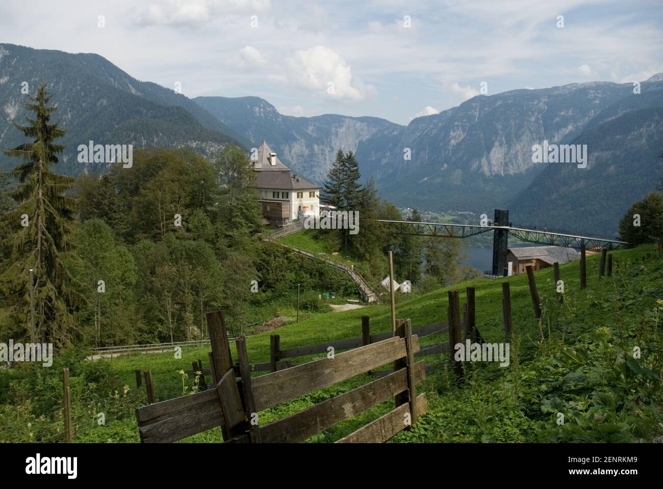 view to the historic Rudolfsturm over the Hallstatt burial ground in the high valley over Hallstatt village, Austria Stock Photo