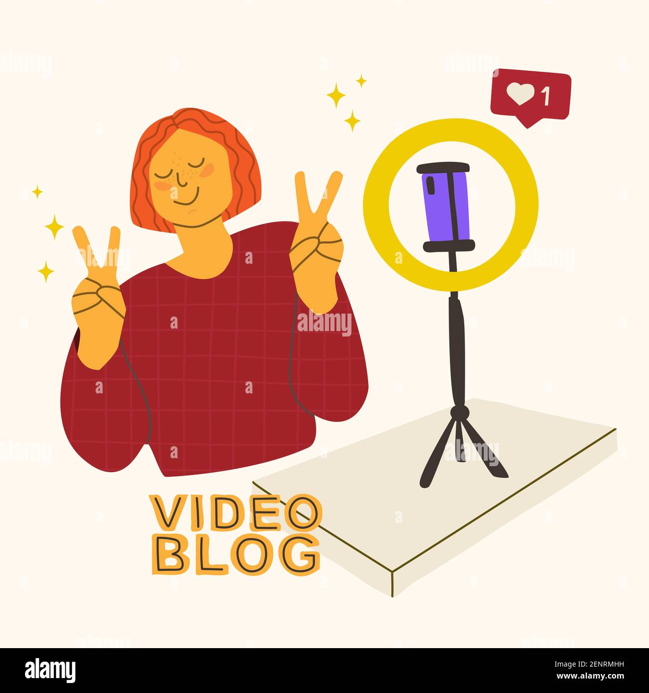 Teenager makes video content for his blog. Cute girl or guy posing in front of the smartphone camera. Round lamp on a tripod. Vector flat illustration Stock Vector