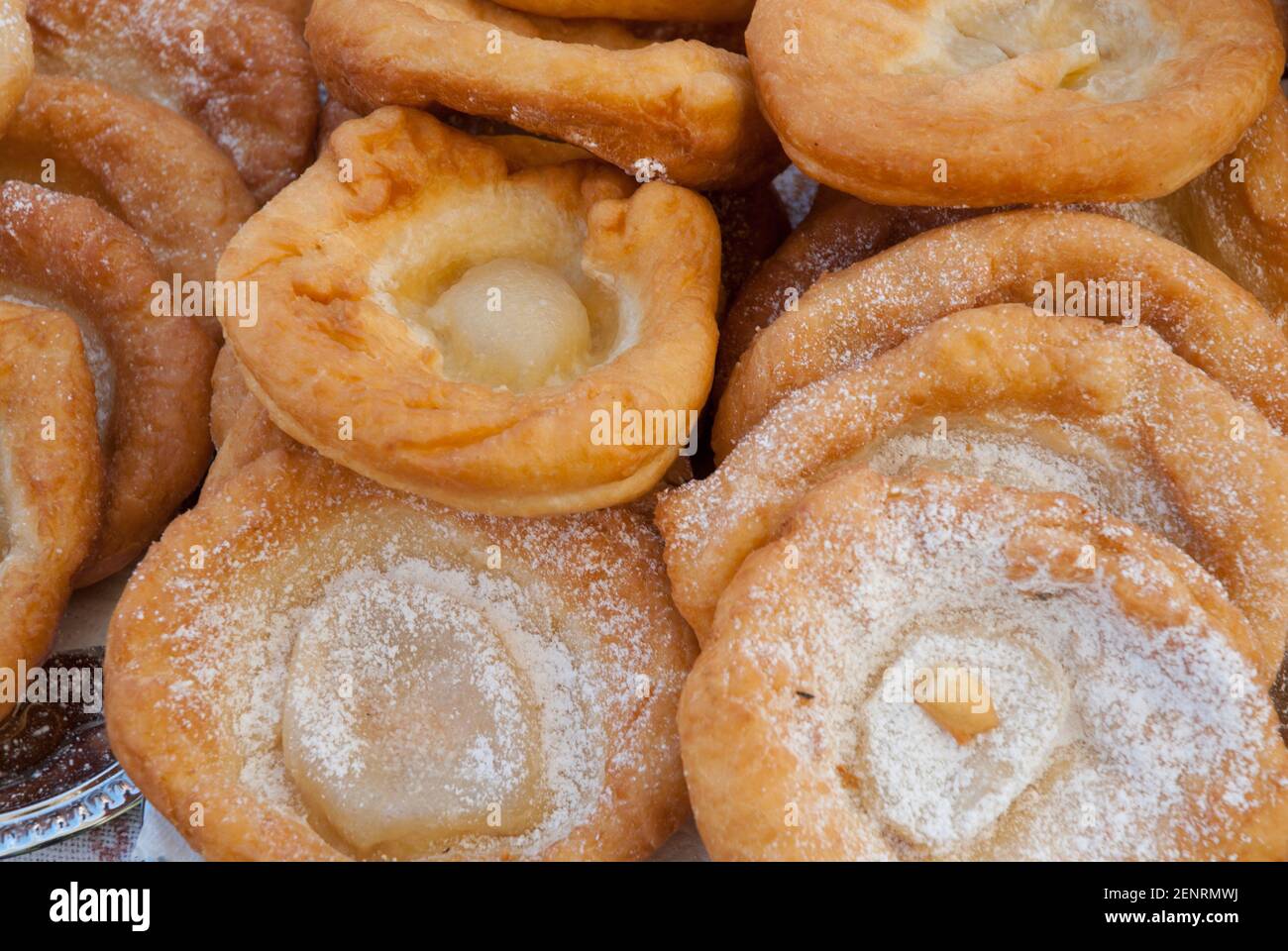 Austrian donuts, Bauernkrapfen, with powdered sugar, Bad Goisern, Austria Stock Photo