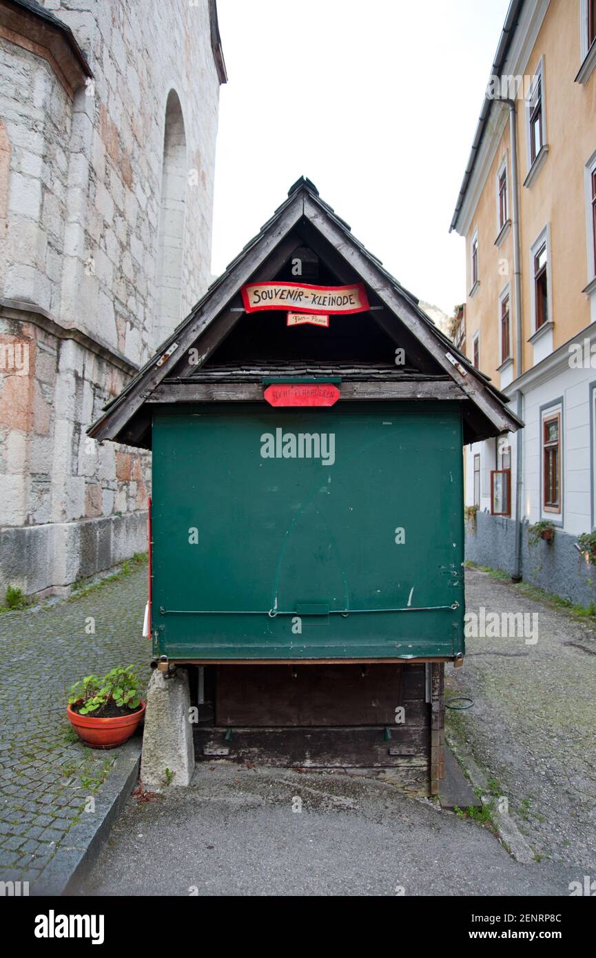 closed souvenir booth in the streets of Hallstatt village, Hallstatt, Salzkammergut, Austria Stock Photo