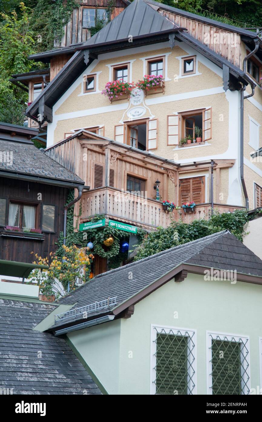 details of houses with wooden roofsclose side by side in the village of Hallstatt, Hallstatt, Salzkammergut, Austria Stock Photo