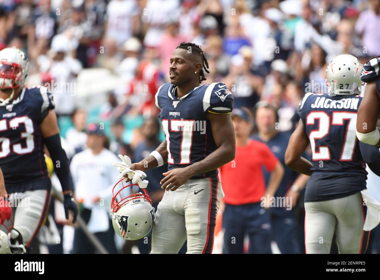 September 15, 2019: Antonio Brown #17 of the New England Patriots warms up  before the NFL football game between the Miami Dolphins and New England  Patriots at Hard Rock Stadium in Miami