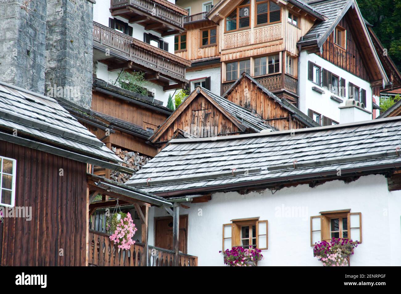 details of houses with wooden roofsclose side by side in the village of Hallstatt, Hallstatt, Salzkammergut, Austria Stock Photo