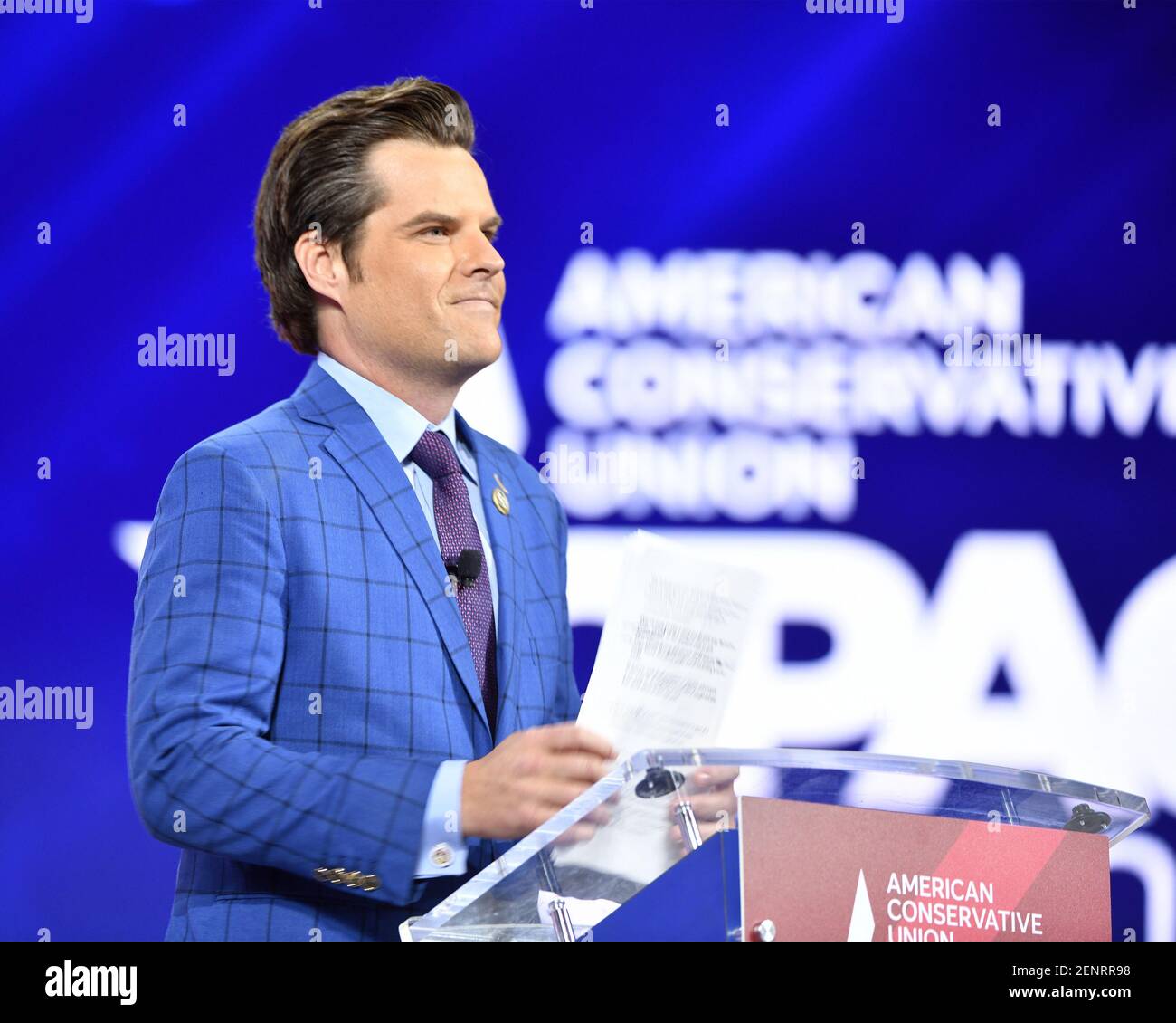 Representative Matt Gaetz (FL-01) addresses attendees at the Conservative Political Action Conference (CPAC) 2021 hosted by the American Conservative Union at the Hyatt Regency Orlando in Orlando, Florida on Friday, February 26,2021.     Photo by Joe Marino/UPI Stock Photo