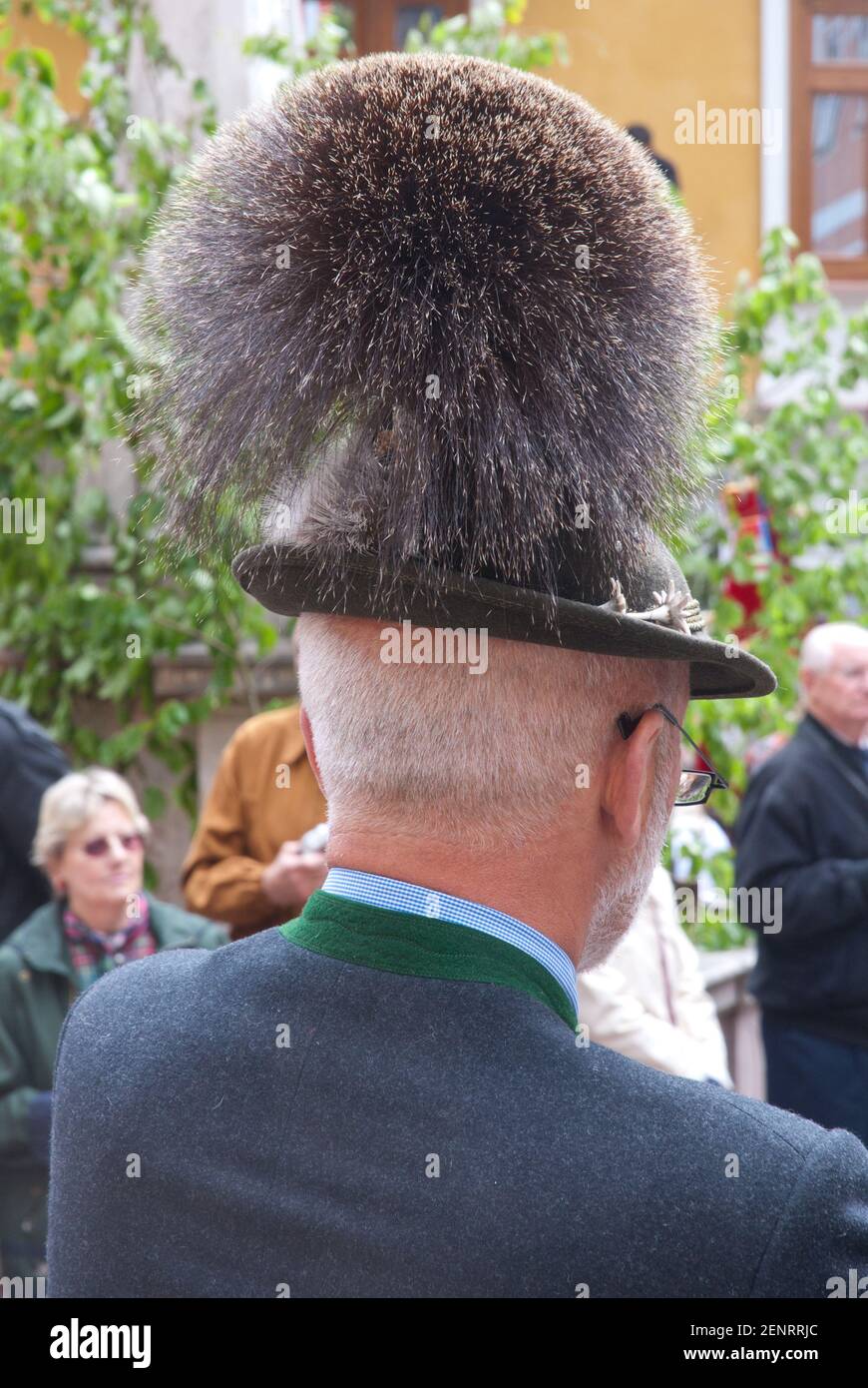 man wearing Austrian hat with Gamsbart, Hallstatt, Austria Stock Photo
