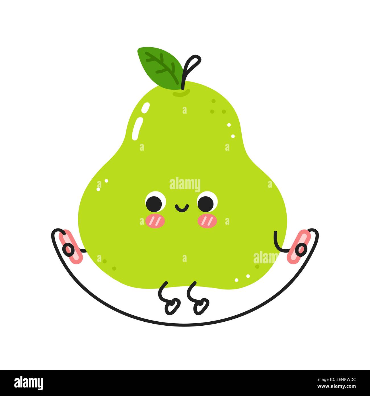 Cute funny green pear make gym with jump rope. Vector flat line cartoon kawaii character illustration icon. Isolated on white background. Pear fruit workout character concept Stock Vector