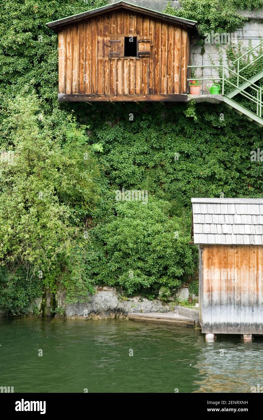 woodshed and boat-house on the lakeshore of lake Hallstaetter See, Inneres Salzkammergut, Upper Austria Stock Photo