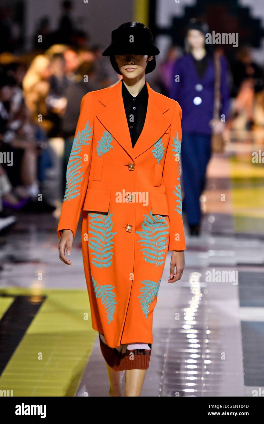 Model walking on the runway Prada Fashion Show during Milan Fashion