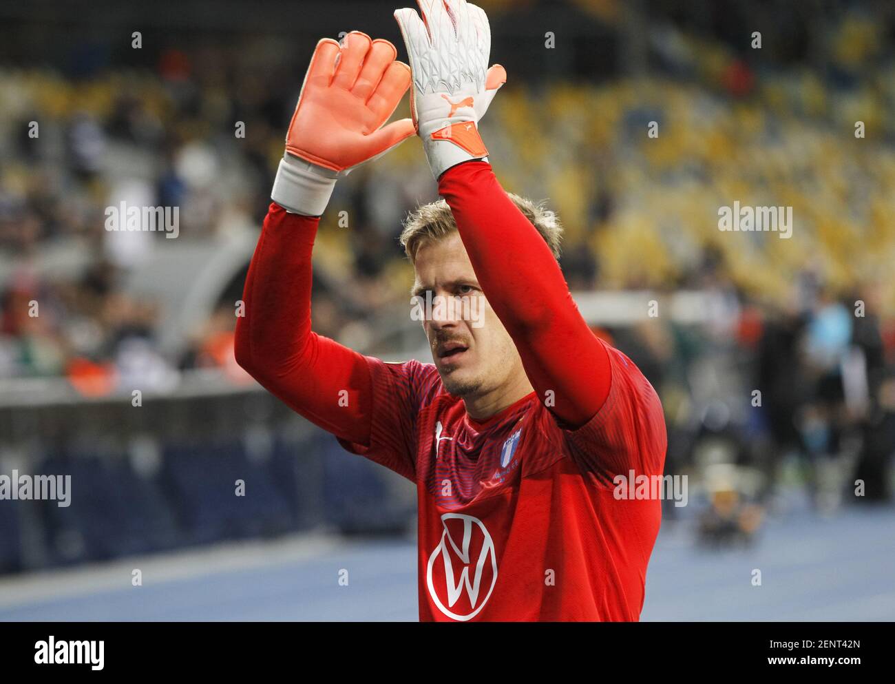 Goalkeeper Johan Dahlin of Malmö FF applauding fans after the 2019/2020  UEFA Europa League group stage football match day 1 game, between Swedish  Malmo FF and Ukrainian FC Dynamo Kyiv, at the