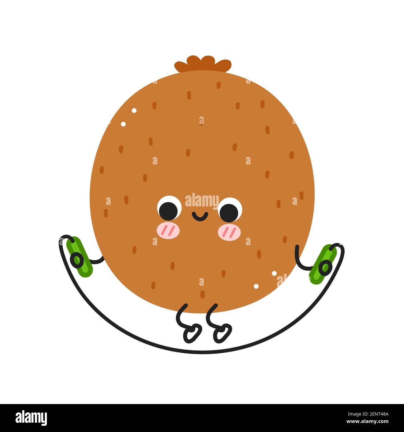Cute funny kiwi make gym with jump rope. Vector flat line cartoon kawaii character illustration icon. Isolated on white background. Kiwi fruit workout character concept Stock Vector