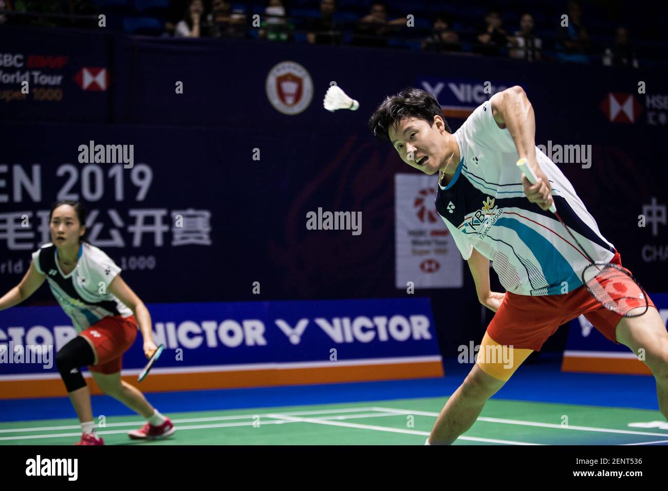 South Korean professional badminton players Seo Seungjae and Chae Yoojung compete against