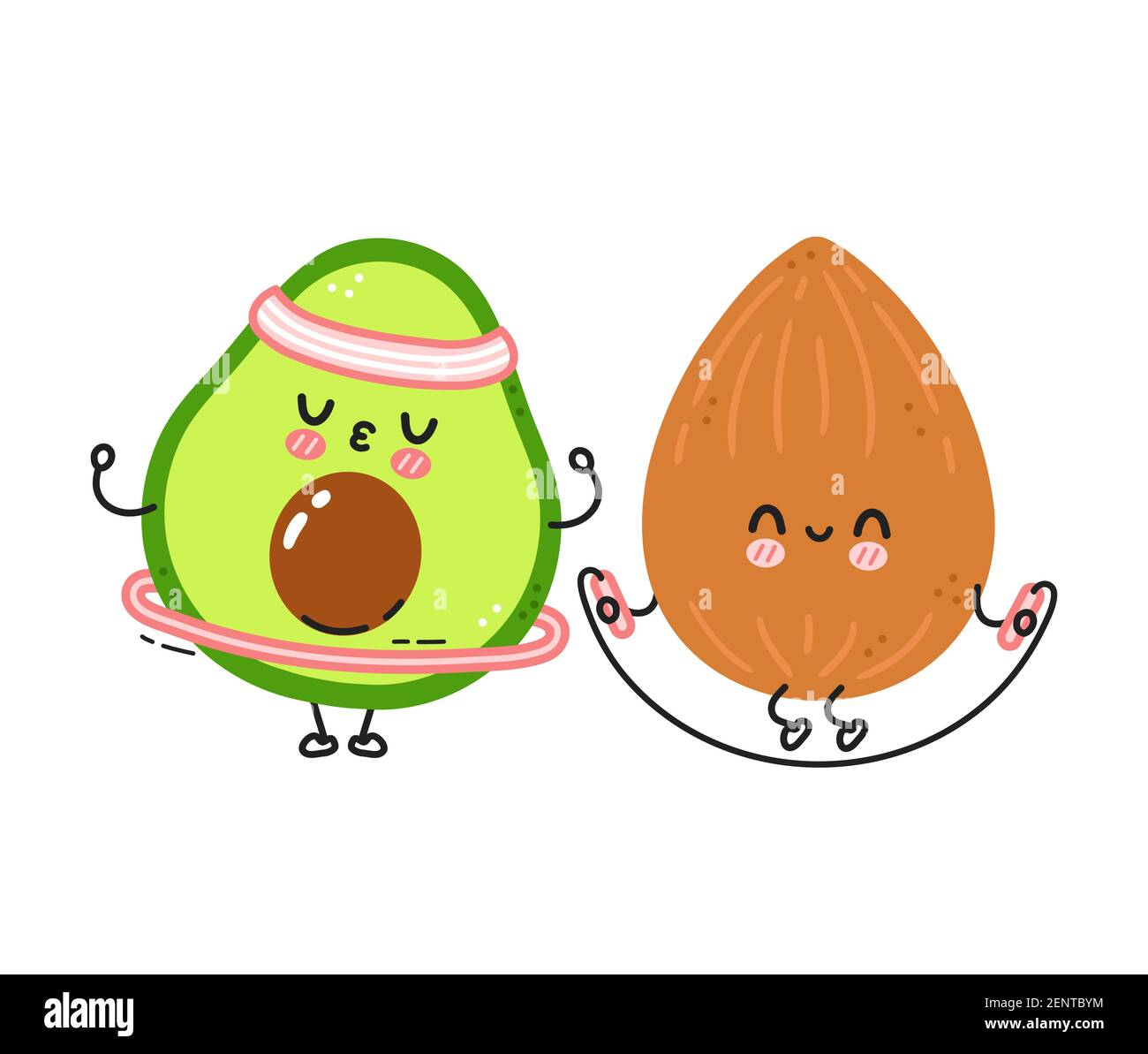 Cute funny almond make gym with jump rope and avocado with hula hoop.  Vector flat line