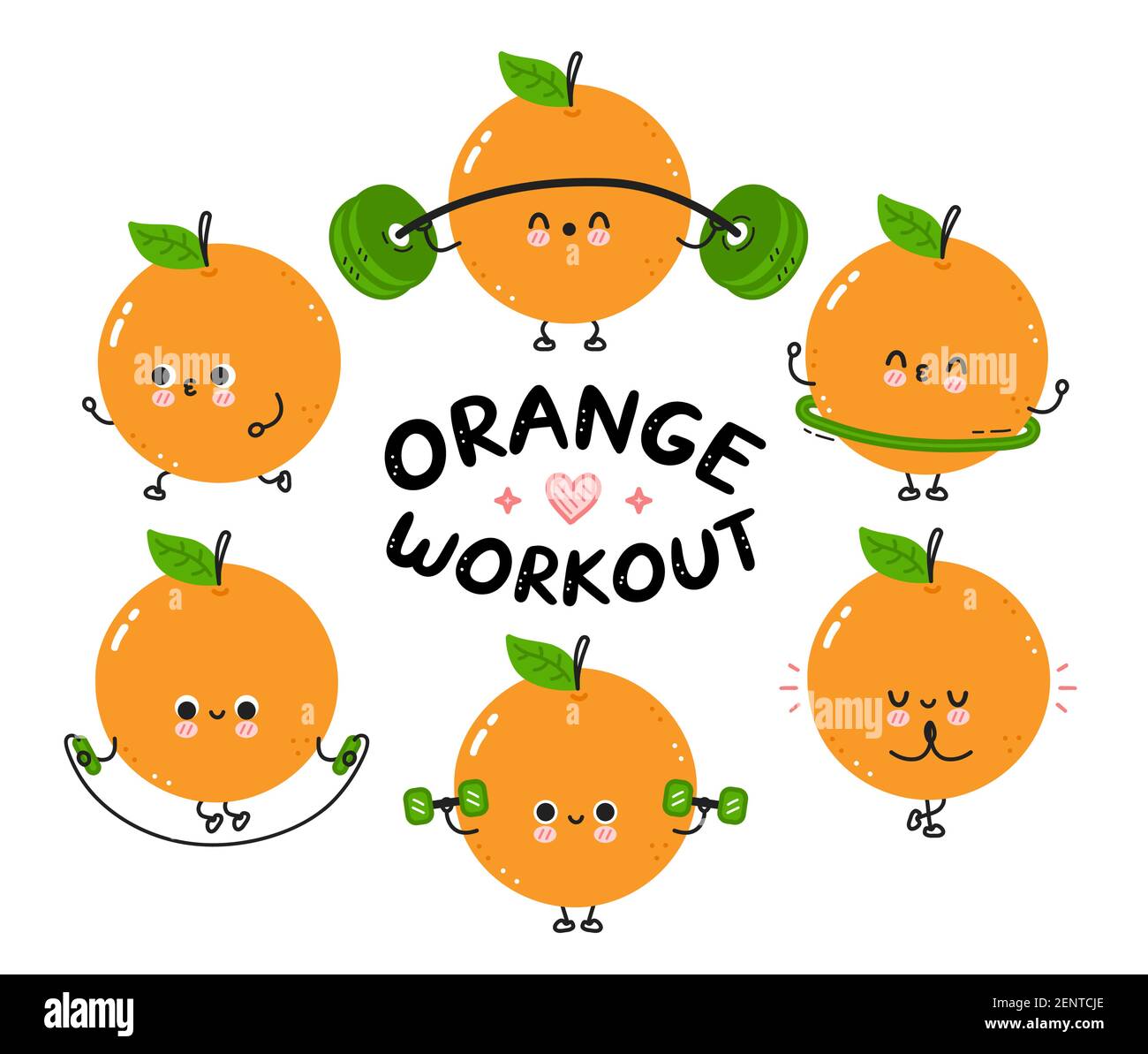 Cute funny orange make gym set collection. Vector flat line cartoon kawaii character illustration icon. Isolated on white background. Orange fruit workout character bundle concept Stock Vector