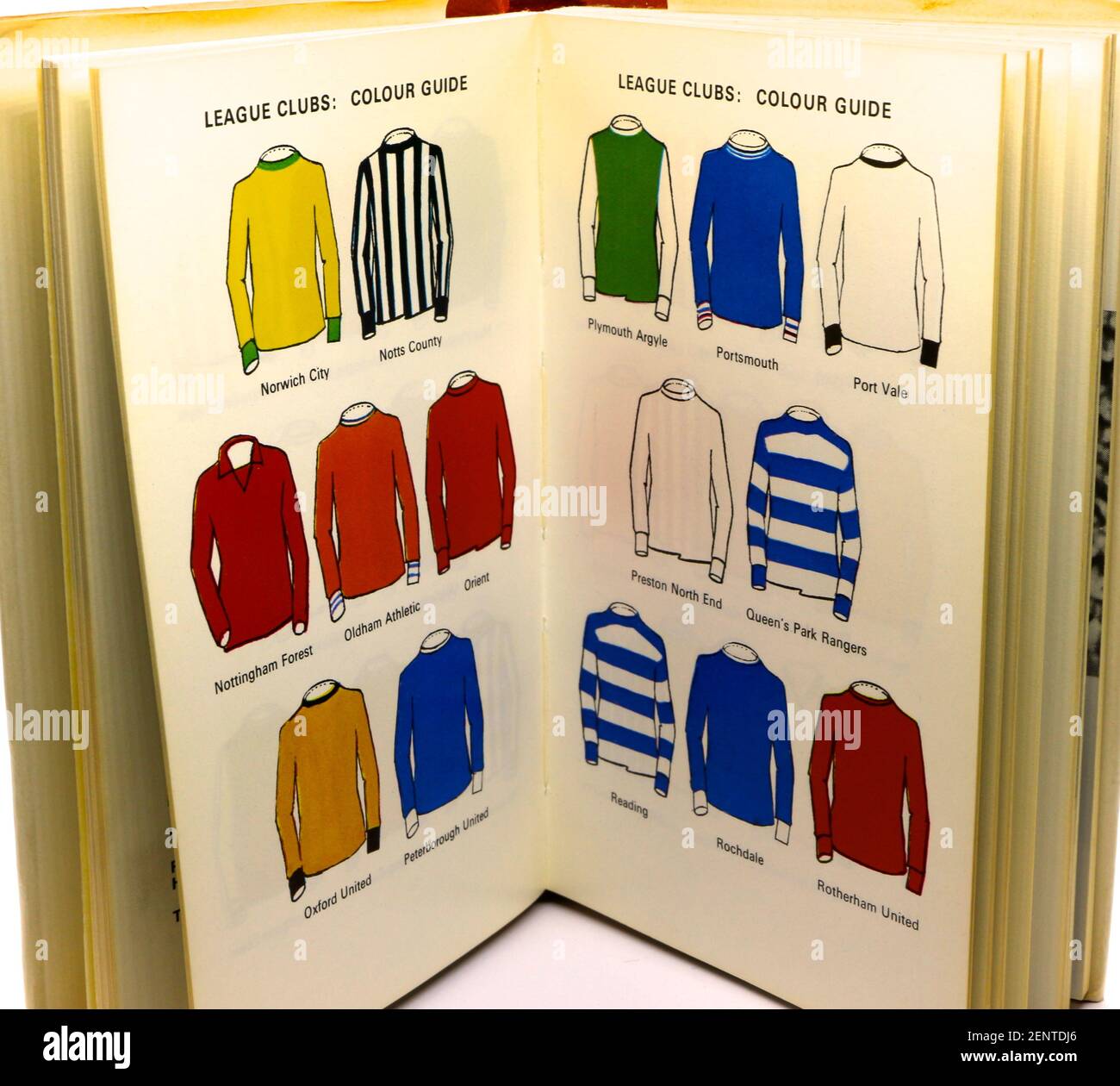 The Observers Book of Association Football compiled by Albert Sewell from 1972 open at pages showing the shirt colour guide for 15 teams Stock Photo
