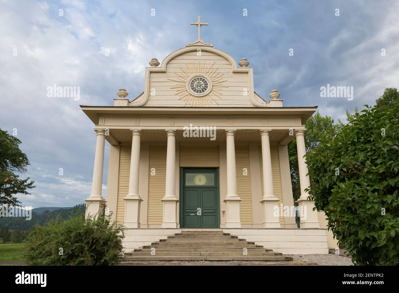 Storm clouds build over the Mission of the Sacred Heart in Old Mission