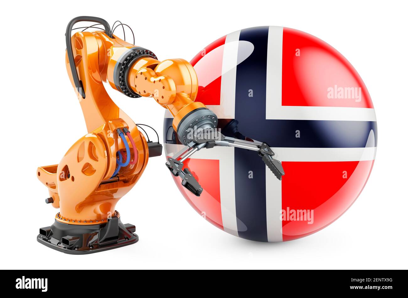 Robotic arm with Norwegian flag. Modern technology, industry and production in Norway concept, 3D rendering isolated on white background Stock Photo