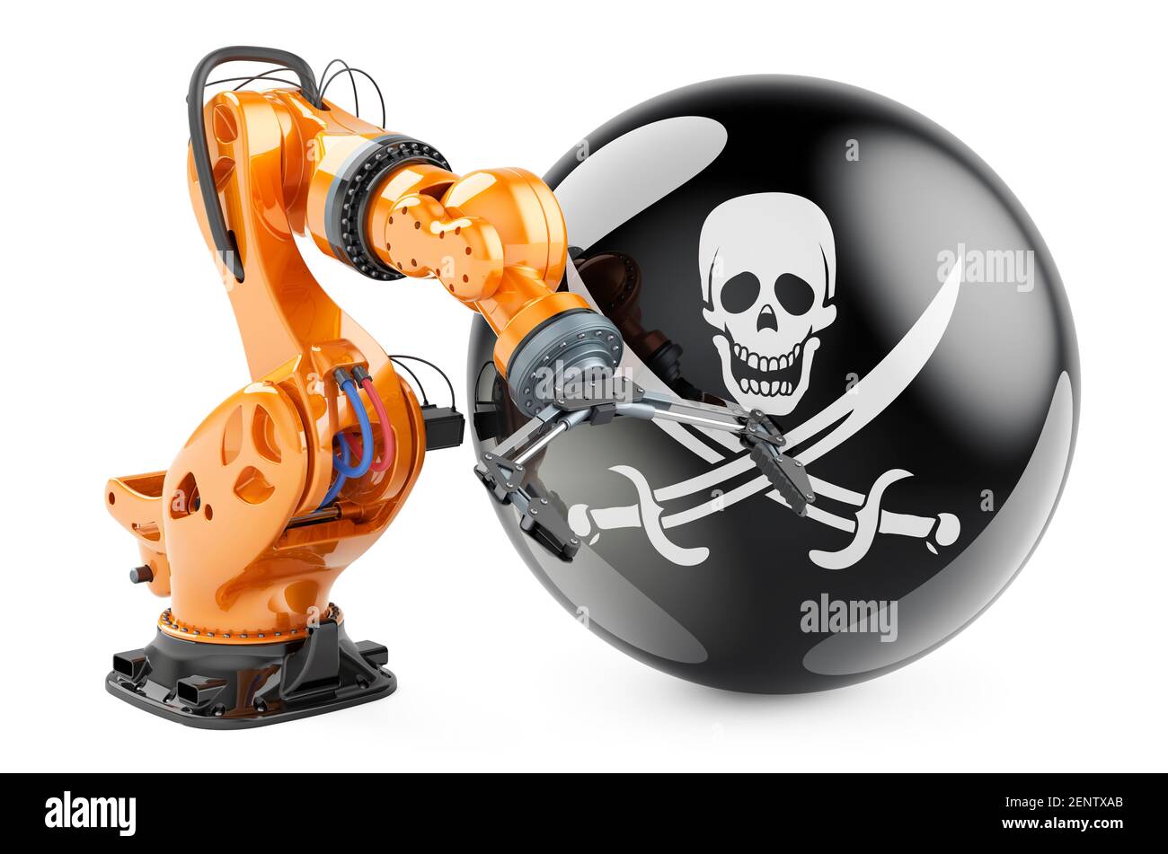 Robotic arm with piracy flag, 3D rendering isolated on white background ...