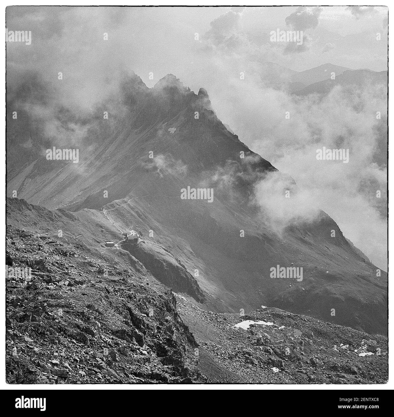 Austria, Tyrol. This set of images is of the Stubai Alps in the Stubaital valley near the resort towns of Fulpmes and Neustift in the Austrian Tyrol not far from the city of Innsbruck as they where in 1968. The image here is of the Austrian Alpine Club, OeAV, Innsbrucker mountain Hut refuge, named after the Austrian city of Innsbruck looking towards the mountains of the Serleskamm. Stock Photo
