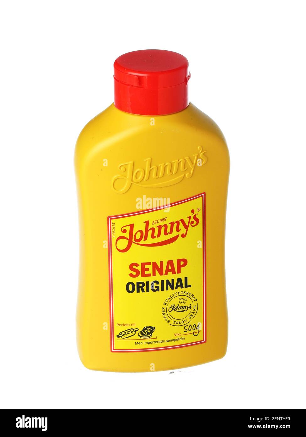 Stockholm, Sweden - February 26, 20221: A plastic package as a bottle with 500 grams of Johnny's original mustard for the Swedish market isolated on a Stock Photo