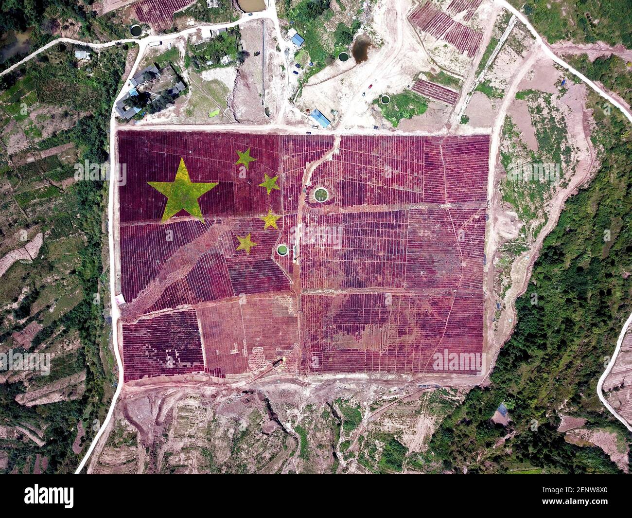 Draw Acres On Map An Aerial View Of The Large National Flag Of 125 Acres Compsed By Flowers  Drawing Attention Of Tourists On Gongjia Mountain, Jintang County, Chengdu  City, Southwest China's Sichuan Province, 22 September 2019