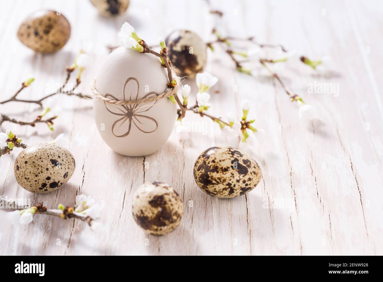 Easter eggs on with cherry branch. Easter decoration with copy space Stock Photo